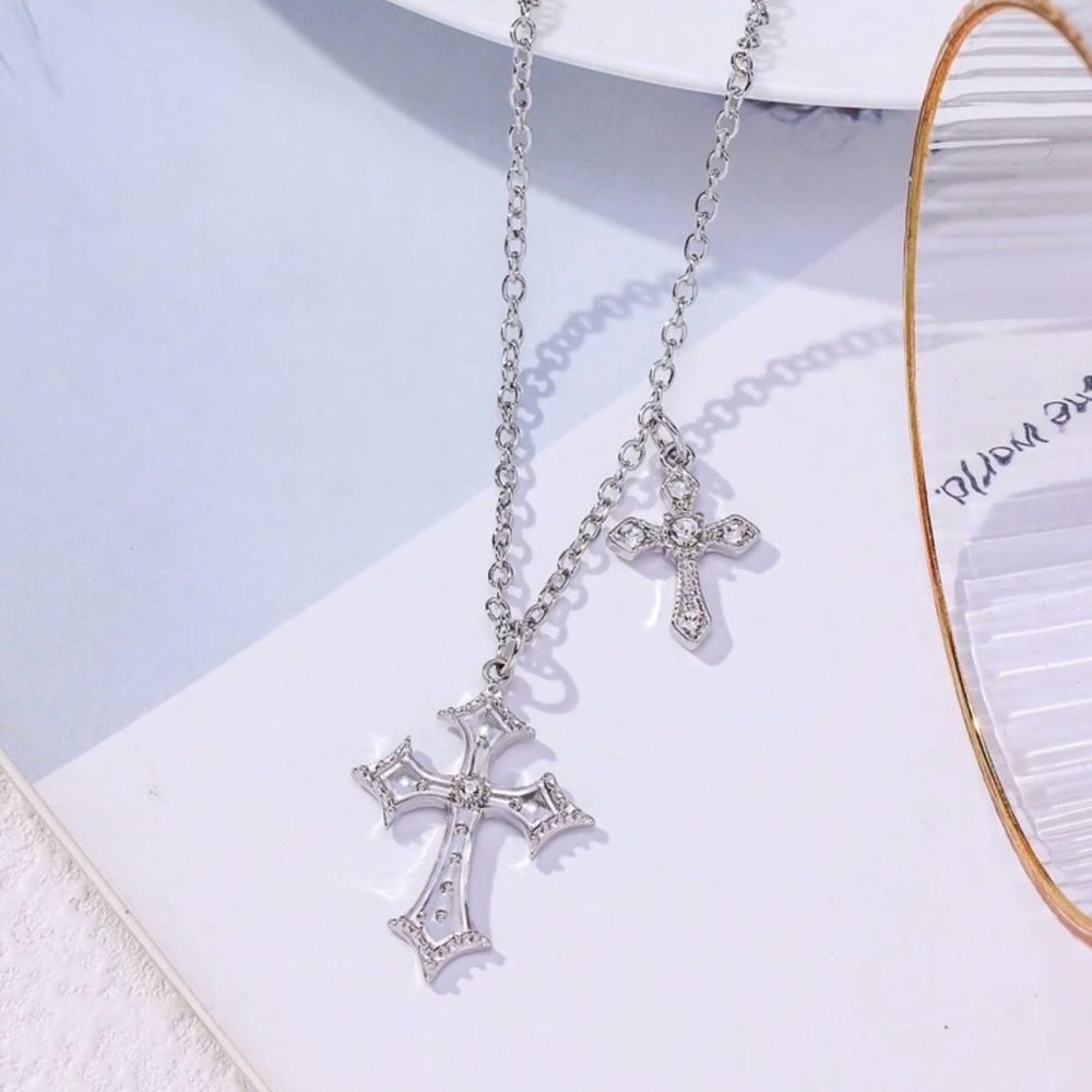 Silver Layered Double Cross Necklace Rhinestone Pendant Y2K Gothic Women Jewelry